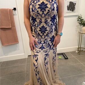 Adrianna Papell Beige and Blue Embroidered Maxi Dress